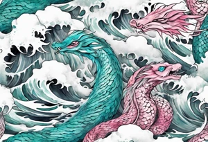 a turquoise and white and pink feathered sea serpent with beautiful eyes emerging from the stormy sea tattoo idea