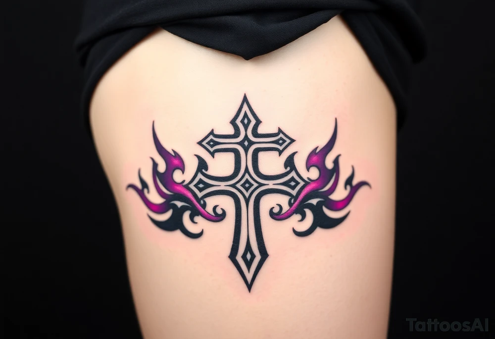 A black upside down cross engulfed in dark purple flames, tattoo idea