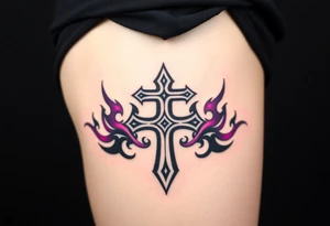 A black upside down cross engulfed in dark purple flames, tattoo idea