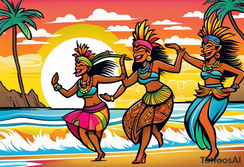 dancing tiki gods with sexy hula women having a dance part on the beach with a sunset in the center of the image with tiki gods tattoo idea