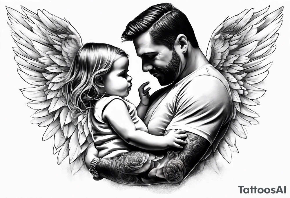 Tattoo of father holding his daughter.  As an angel (RIP) Daddy loved music tattoo idea