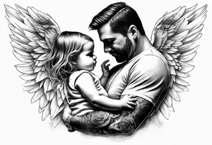 Tattoo of father holding his daughter.  As an angel (RIP) Daddy loved music tattoo idea