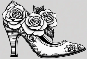 Pearl necklace wrapped around 1950s pinup pumps with roses surrounding tattoo idea