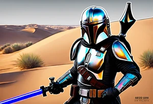 Grogu wearing black mandalorian armor,  with a lightsaber in the desert tattoo idea