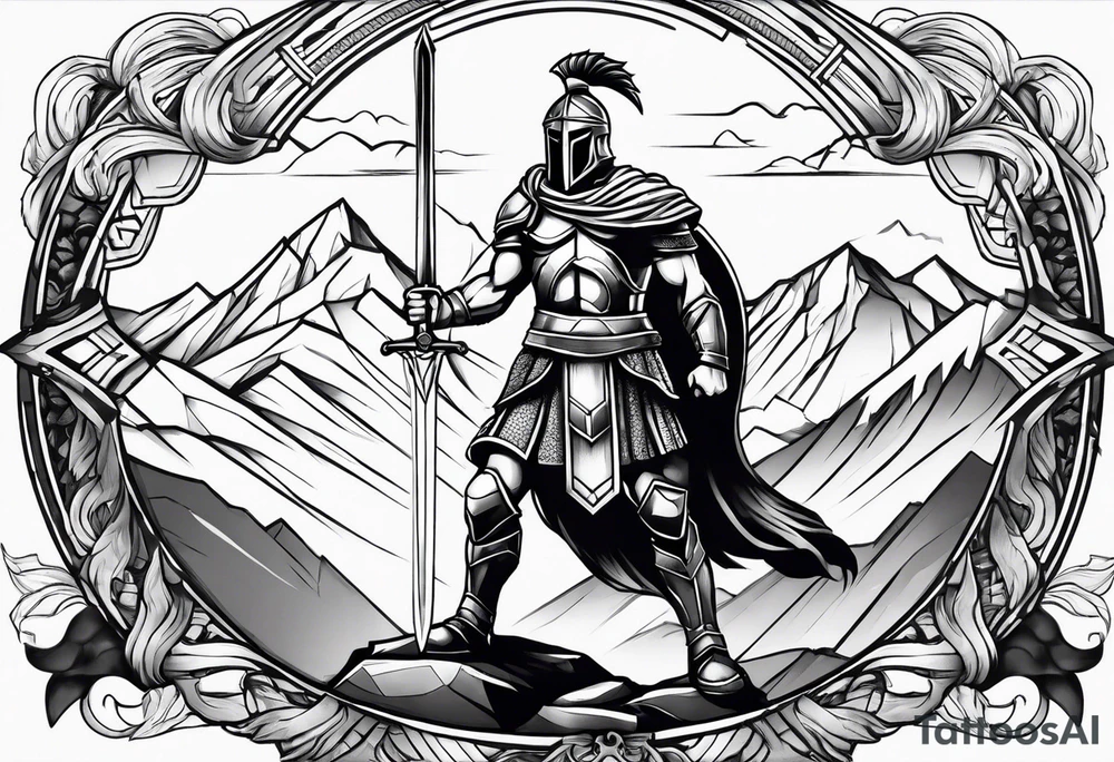 Spartan Warrior Wielding A Sword Surrounded By Mountains Tattoo Idea tattoo idea Spartan Warrior Wielding A Sword Surrounded By Mountains Tattoo Idea tattoo idea