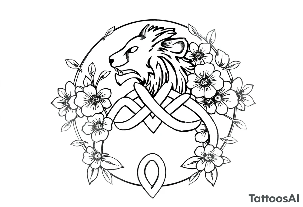 Celtic lion knot with flowers tattoo idea