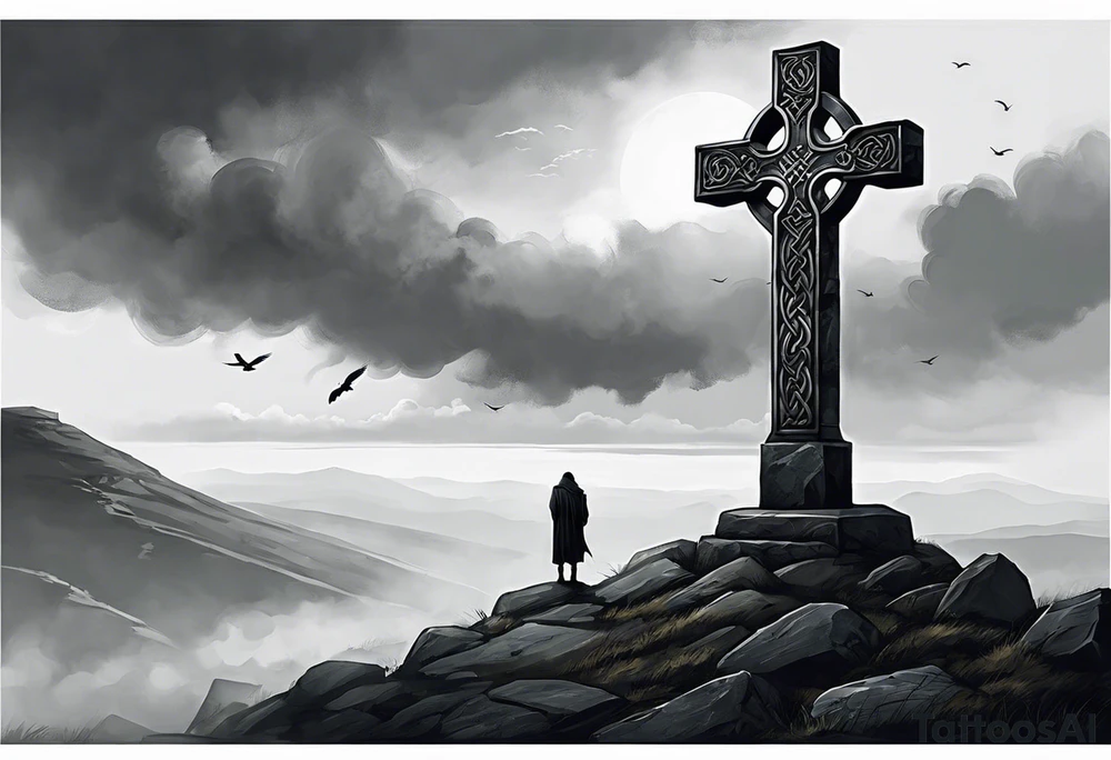 A stone Celtic cross solemnly standing atop a hill, a raven perches atop the cross staring out over the desolation. A ruined stone wall lies crumbling near the cross. Mist rolls along the hilltops adding to the melancholic nature of the scene. tattoo idea