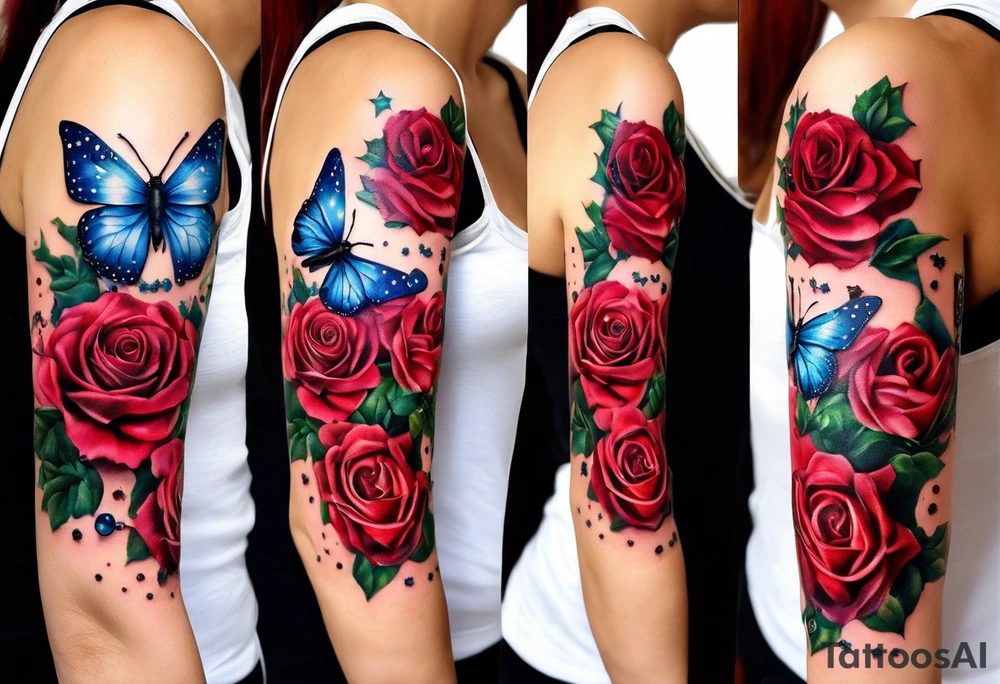 please make a Gemini constellation made of roses, Sagittarius constellation made from Chrysanthemum flowers, Virgo constellation made of Aster flowers, Taurus constellation made from Lily of the Valley flowers all tied together in an arm sleeve tattoo with 4 realistic lady bugs scattered throughout, one realistic butterfly, one realistic cassette tape with the following written on it for song list: #1 "you are my sunshine-3:15"
#2 "3 little birds-12:14"
#3 "twinkle twinkle little star-6:25"
#4 "ABC's-12:00"
Also include a polaroid picture of a realistic view of "the tree of life" symbol with the following coordinates written on the bottom:
61.2547° N, 149.6932° W
61.2547° N, 149.6932° W
43.6355° N, 84.2608° W
42.278046°N, -83.738220W

Also include a realistic skull tied in to the flowers and back ground tattoo idea