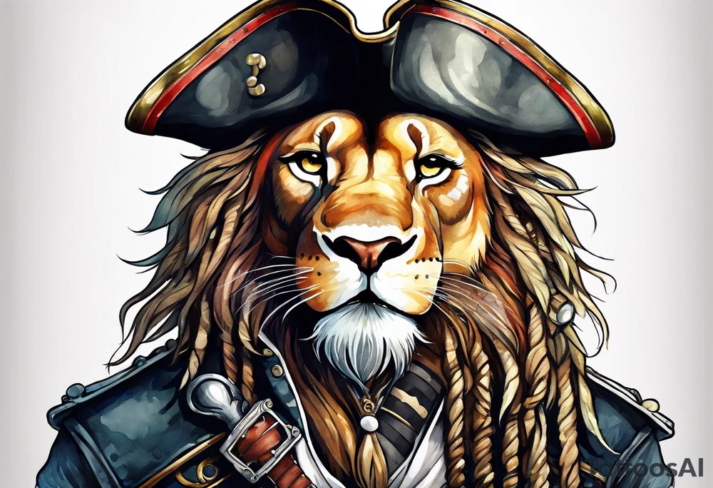 Pirate lion wearing jacket, sword and pistol, nautical steampunk theme. dreadlocks. tattoo idea