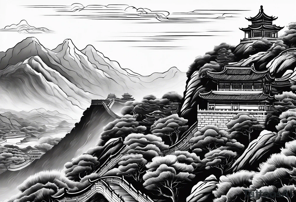 Chinese wall, realistic, art, hills, sideview tattoo idea