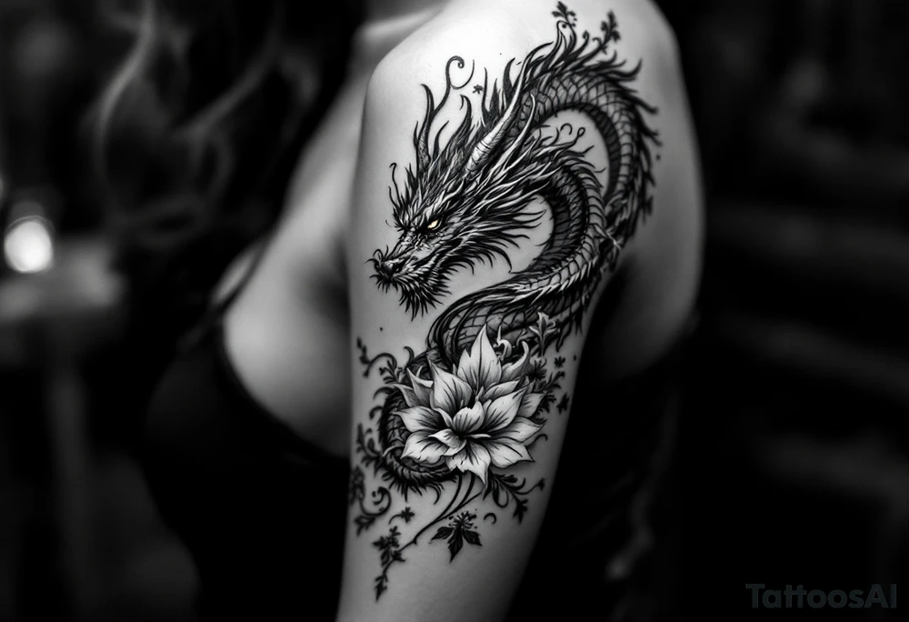 un dragon central entouré de fleurs de lys tattoo idea
