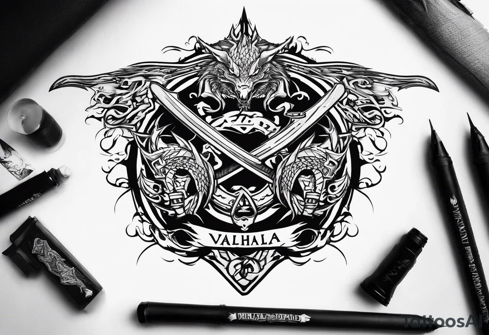 Valhalla death 
prayer sword dragon head axe tattoo idea
