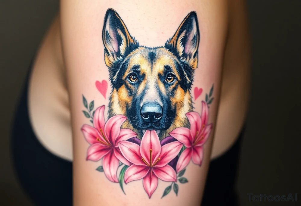 realistic german shepherd looking protective with pink lilies in front of a sacred heart tattoo idea