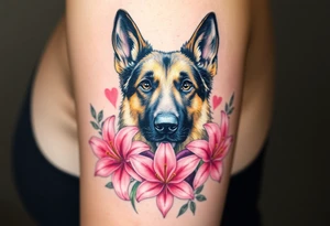 realistic german shepherd looking protective with pink lilies in front of a sacred heart tattoo idea