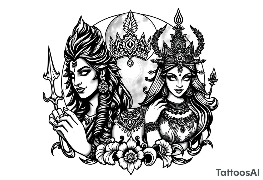 Lord Shiva, Godess Kali, Godess Lilith with the moon phases in the background tattoo idea