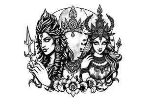 Lord Shiva, Godess Kali, Godess Lilith with the moon phases in the background tattoo idea