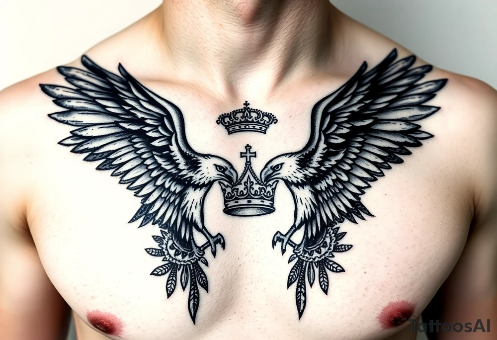 Chest tattoo,powerful two pilish symetricals majestic darks eagles, surrounded by lure ornaments , between eagles a crown tattoo idea