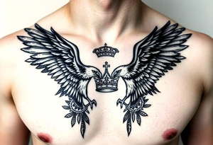 Chest tattoo,powerful two pilish symetricals majestic darks eagles, surrounded by lure ornaments , between eagles a crown tattoo idea