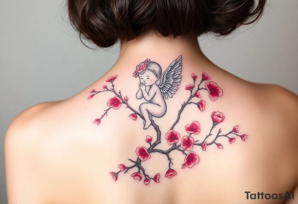 A tatoo in the back of a baby angel on the cherry red blossom tree tattoo idea