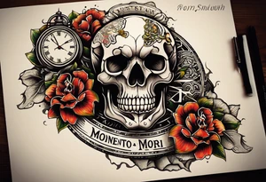 a skull and a writing that says momento morí and a clock inside the skull with a venomous snake around the whole design tattoo idea