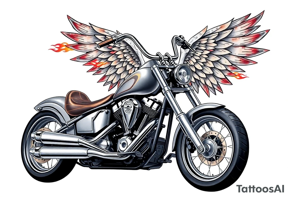 Low rider grey motorcycle, big muffler pipes with flames, angel wings tattoo idea