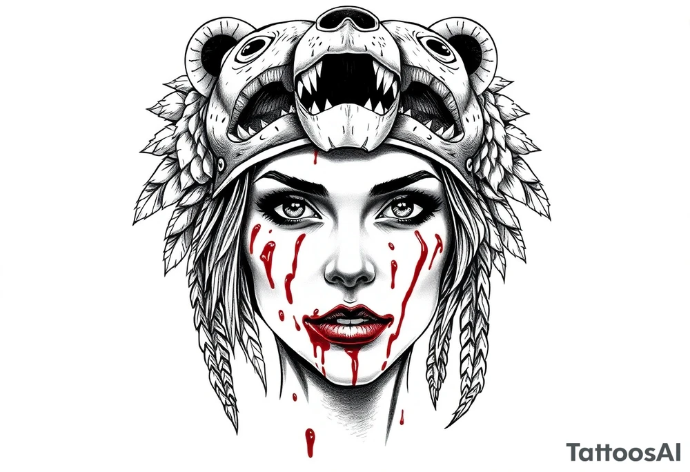 Beautiful Woman with battle scars and blood on face wearing dead bear headdress on head tattoo idea