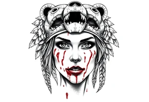 Beautiful Woman with battle scars and blood on face wearing dead bear headdress on head tattoo idea