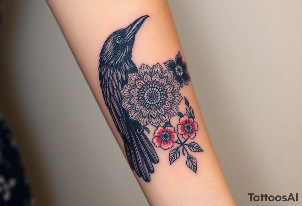 raven with mandala and flowers tattoo idea