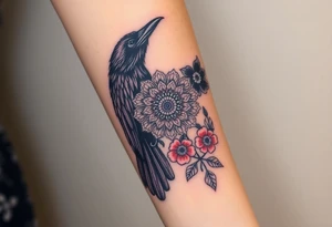 raven with mandala and flowers tattoo idea