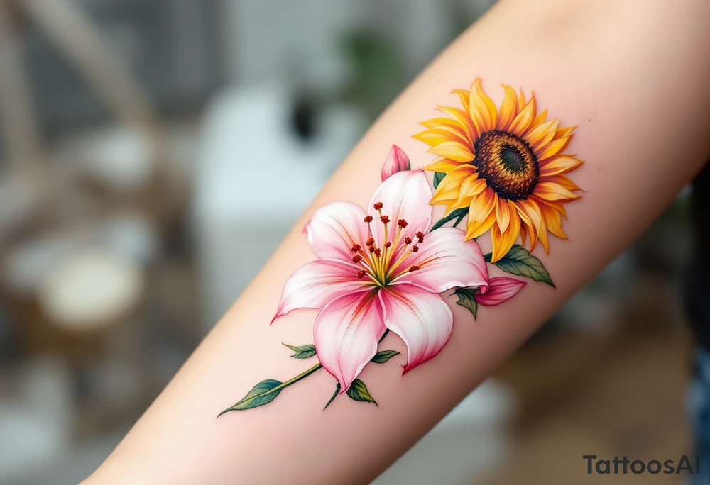 Sunflowers and stargazer lillies in pink and white in a dainty wildflower bouquet with stems tattoo idea