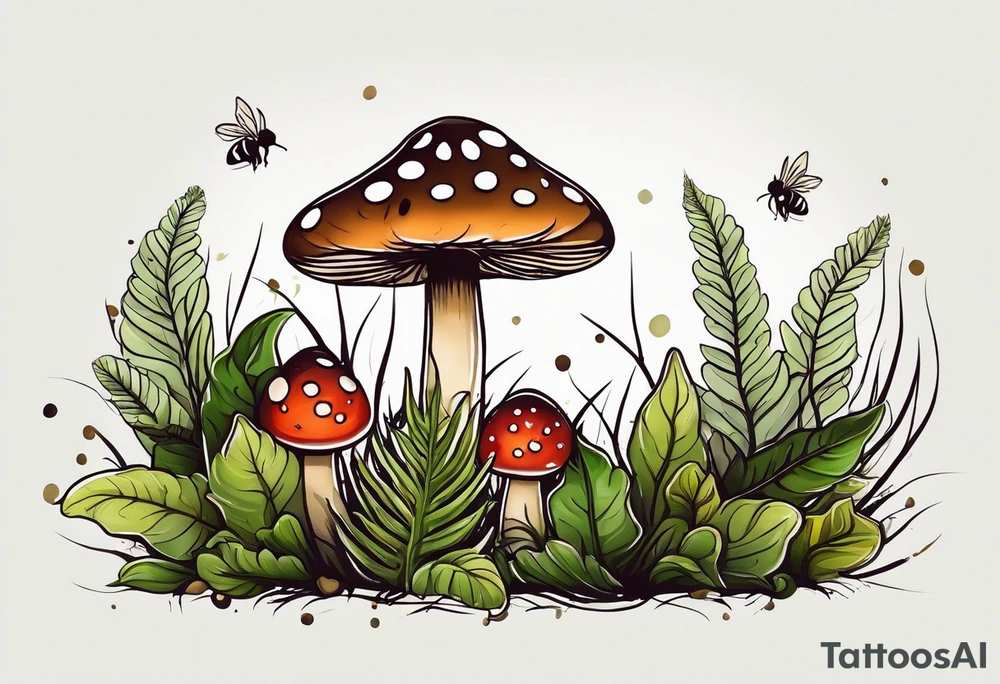 minimalistic forest floor inspired tattoo, which includes grass, moss, curly ferns and dead leaves as the bulk of the tattoo. details to include: forest berries, couple of very small brown mushrooms, a tiny bumblebee flying nearby tattoo idea