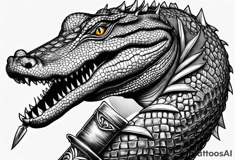 Dagger made out of an alligator with a sexy woman on the handle tattoo idea