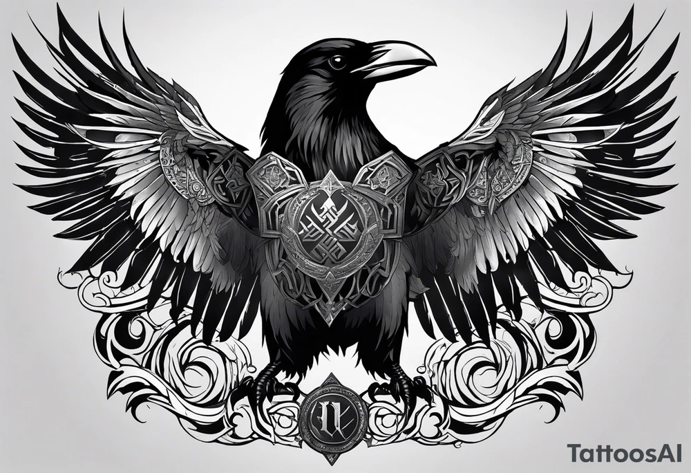 Black and white odins raven in a Norse rune style for placement on the neck with the ravens wings going up the sides of the neck tattoo idea