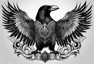 Black and white odins raven in a Norse rune style for placement on the neck with the ravens wings going up the sides of the neck tattoo idea