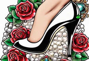 Pearl necklace wrapped around 1950s pinup pumps with roses surrounding tattoo idea