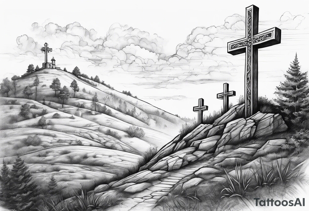 3 crosses on a hill facing west tattoo idea