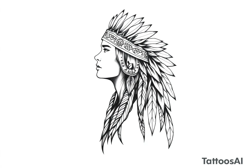 Female Native American wearing headband side pose tattoo idea