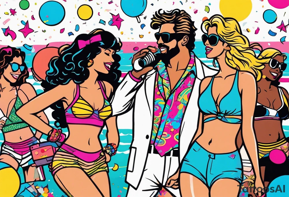 1980's miami vice style beach dance 
party, include confetti, music notes, boom box, bikinis tattoo idea