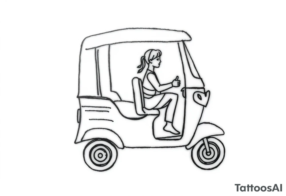 Create a simple tuk tuk. Add a boy and a girl in the vehicle. Add a heart. tattoo idea