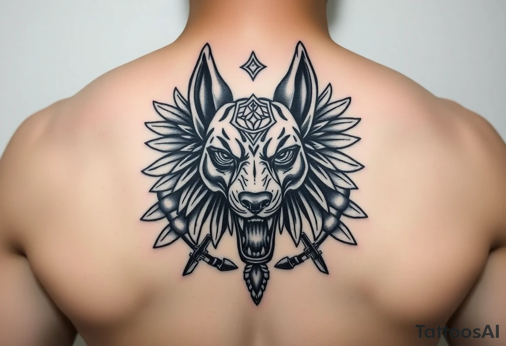Egyptian Anubis god powerful face muscle in Egypt style dog face surrounded Egyptian symbols based on stones tattoo idea