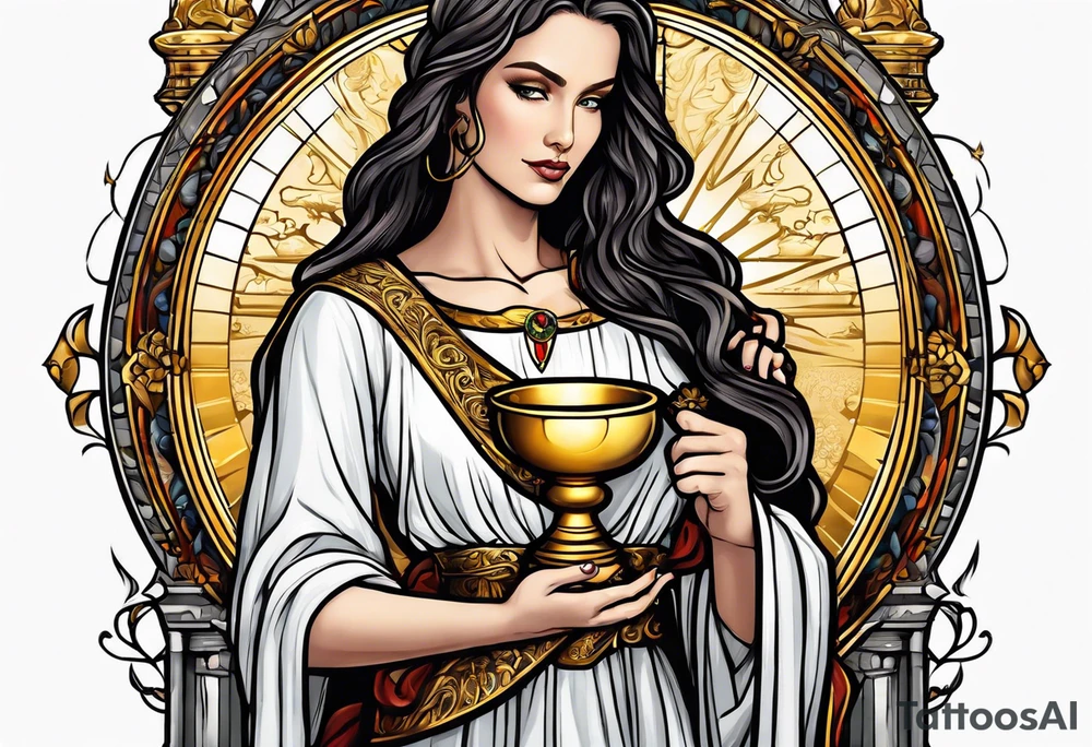 woman saint holding chalice surrounded by golden halo with a tower tattoo idea