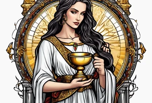 woman saint holding chalice surrounded by golden halo with a tower tattoo idea