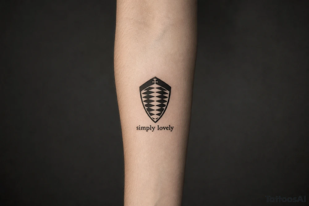 Koenigsegg ghost logo and below written "simply lovely" tattoo idea