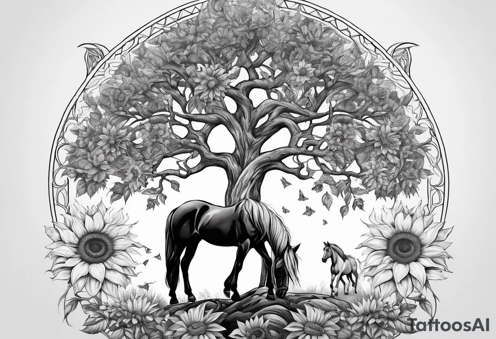 Yggdrasil tree, horse, sunflower tattoo idea