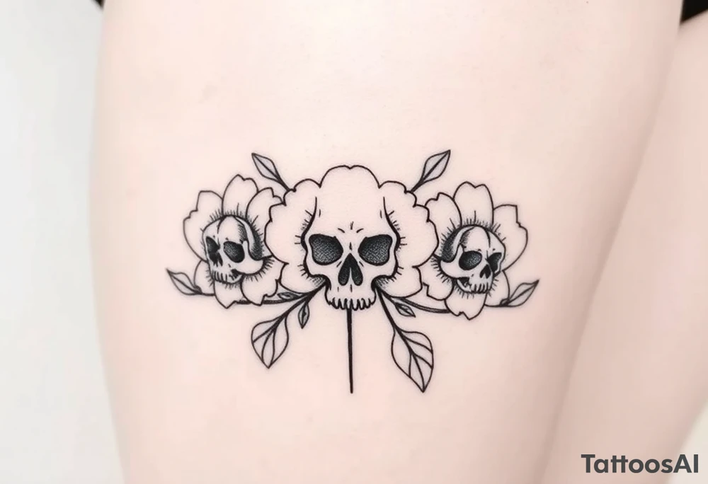 Three Flowers with skulls in the center of the flowers tattoo idea