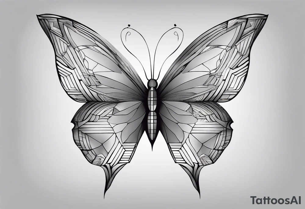 Minimalist butterfly with fine line wings, incorporating M.C. Escher’s geometric tessellation patterns in the wing structure, soft black-and-gray shading for depth. tattoo idea