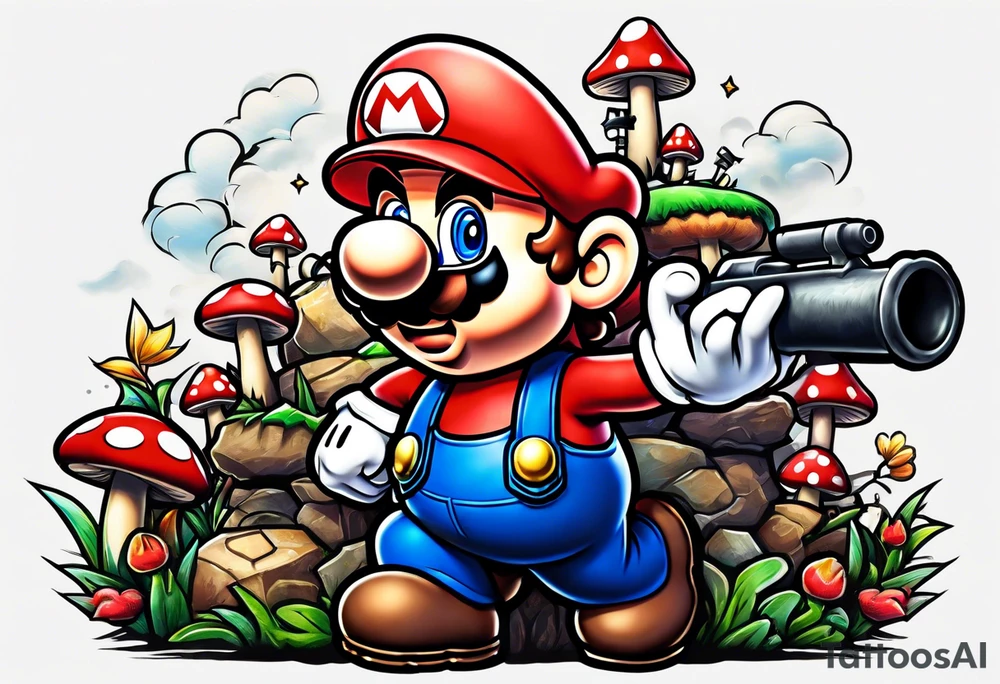 Mario brothers with toadstool and cannons and bombs tattoo idea
