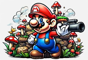 Mario brothers with toadstool and cannons and bombs tattoo idea