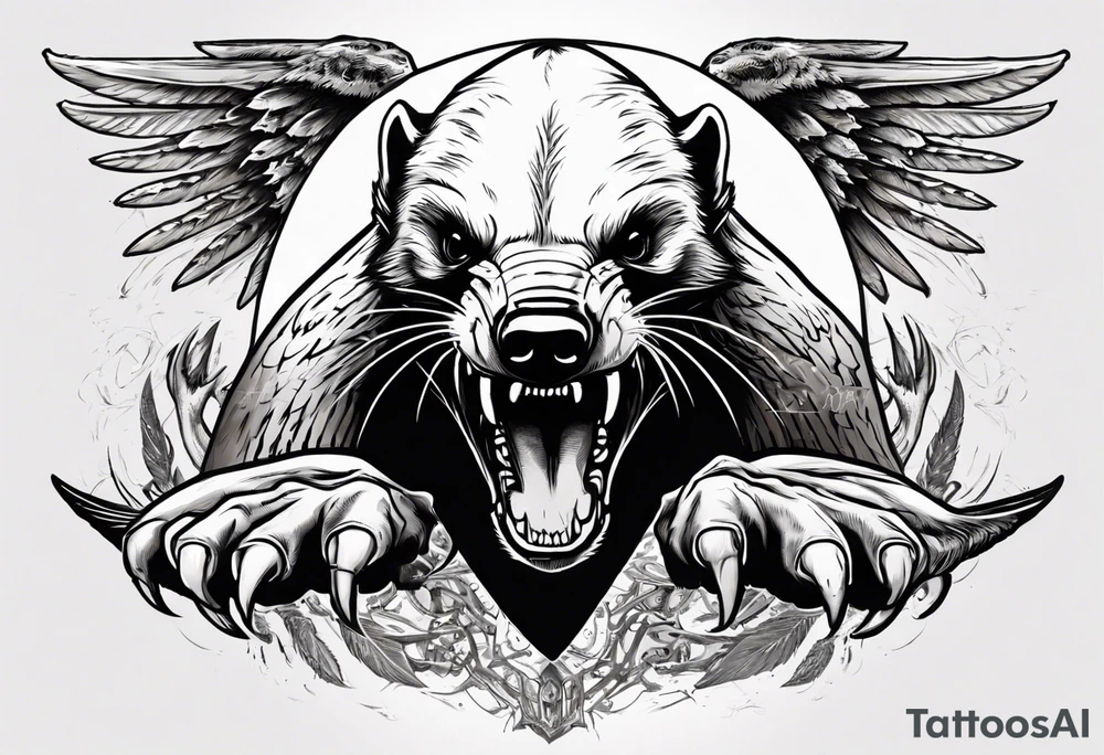 Angry, snarling, detailed honey badger with his face forward against the background of wings made of bones tattoo idea