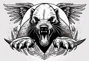 Angry, snarling, detailed honey badger with his face forward against the background of wings made of bones tattoo idea